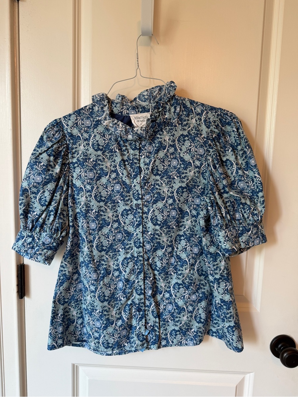 Feminine Blue Floral Ruffle-Neck Button Front Blouse